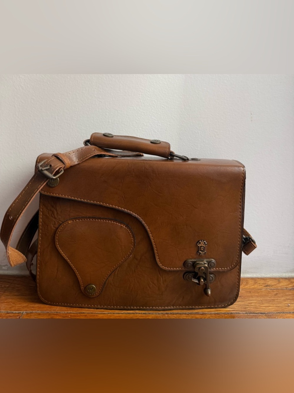 Vintage British Leather Satchel Cognac Brown Crossbody Messenger Bag Equestrian - Picture 5 of 7